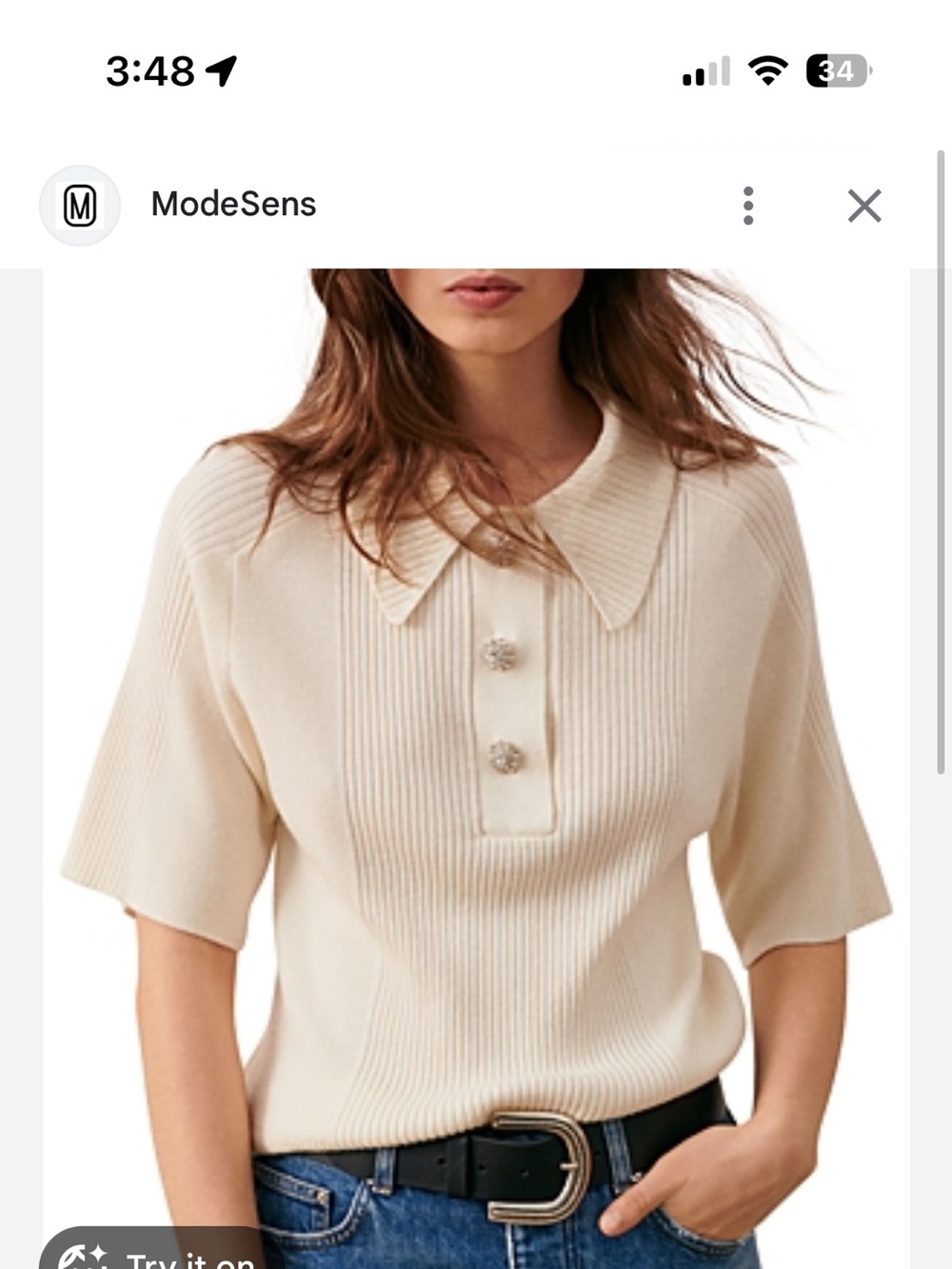 ba&sh Cream Ribbed Polo Sweater with Rhinestone Buttons